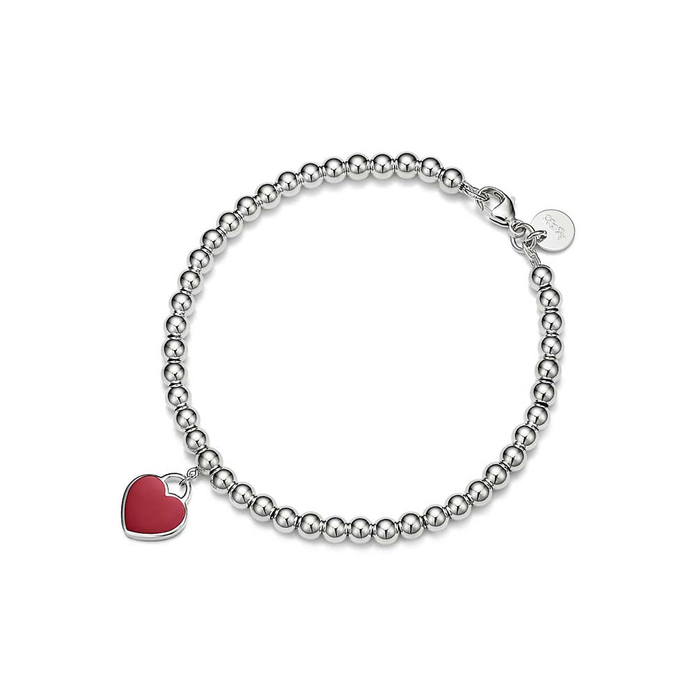 Pulseira de Contas Coração em Prata de Lei com Diamante--0